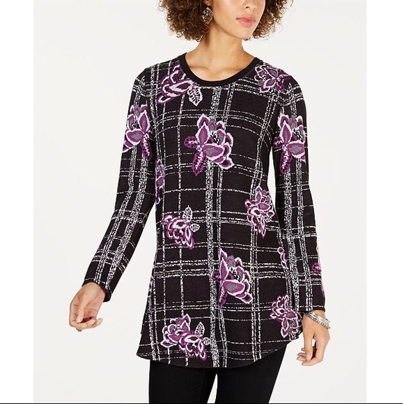 Style & Co Purple Windowpane Plaid & Floral Tunic Sweater NWT Size XXL Blouse - Picture 1 of 8